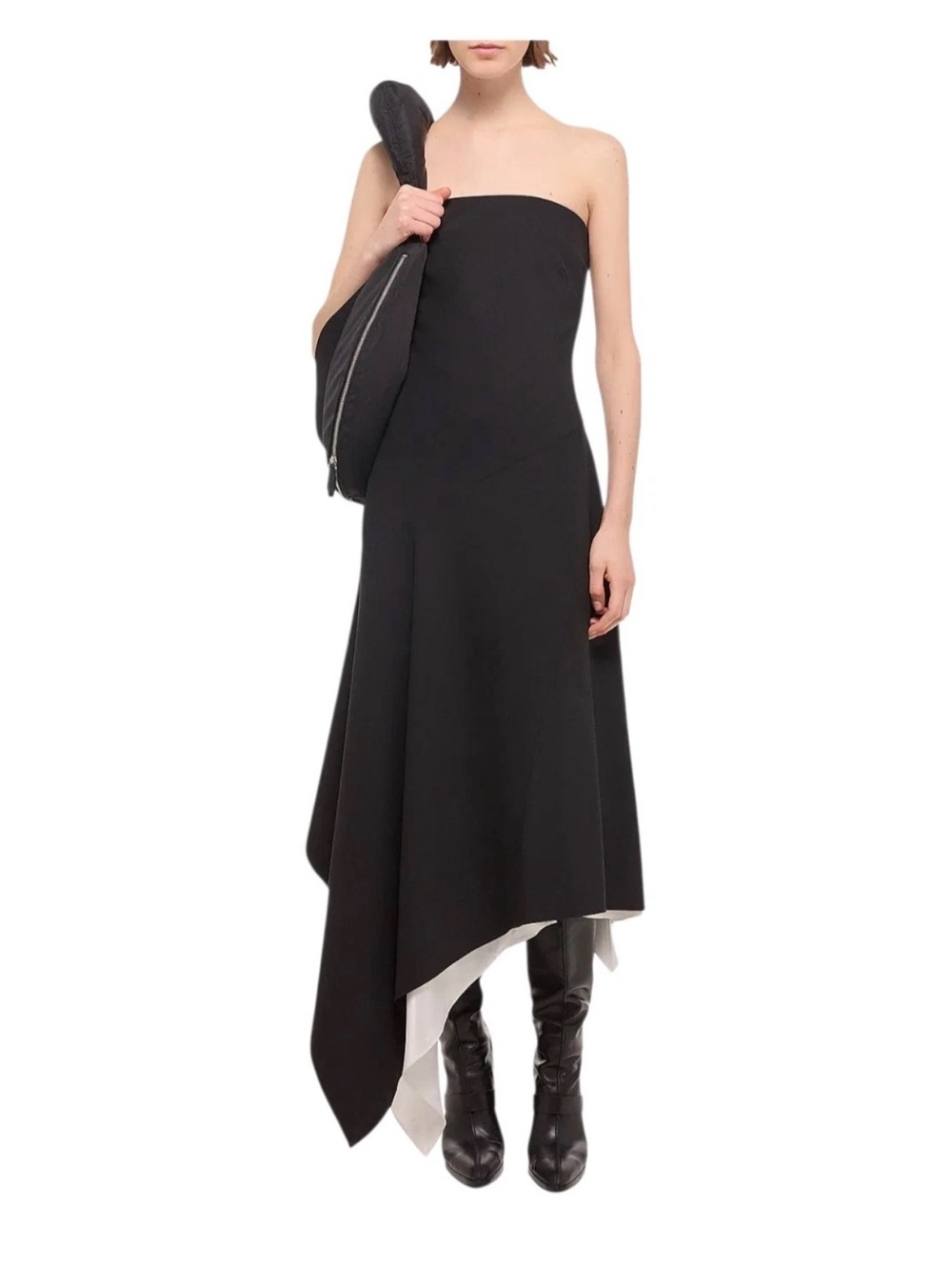 Helmut Lang Black Asymmetrical Scarf-Hem Midi Dress Spaghetti Strap Layered Wool